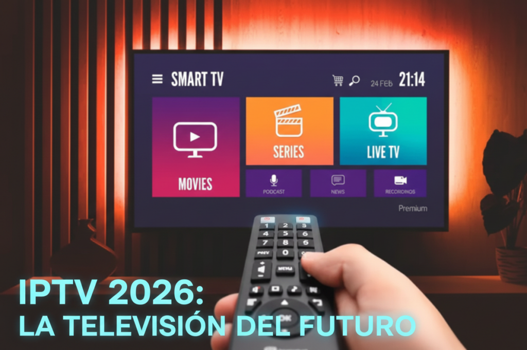 Imagen promocional de IPTV 2026: La televisión del futuro con una interfaz de Smart TV que incluye películas, series y TV en vivo