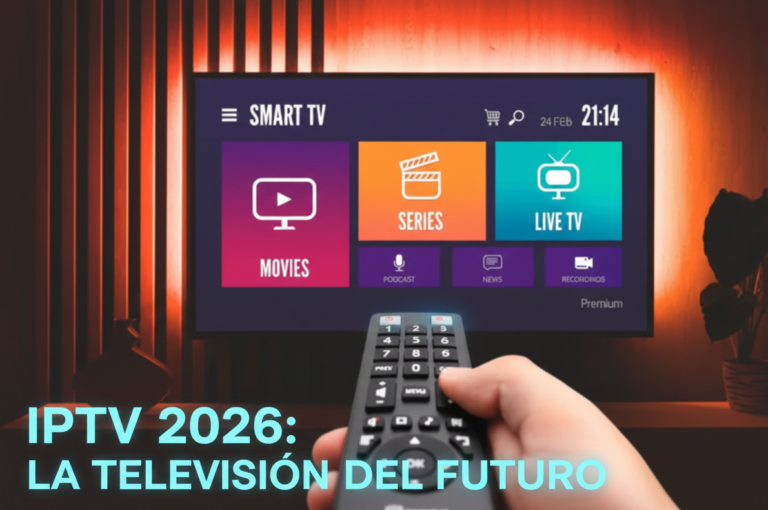 Imagen promocional de IPTV 2026: La televisión del futuro con una interfaz de Smart TV que incluye películas, series y TV en vivo